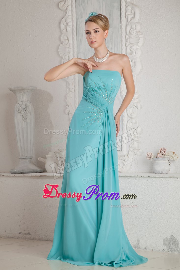 Turquoise Strapless Beading Pleated Prom Dress with Brush Train
