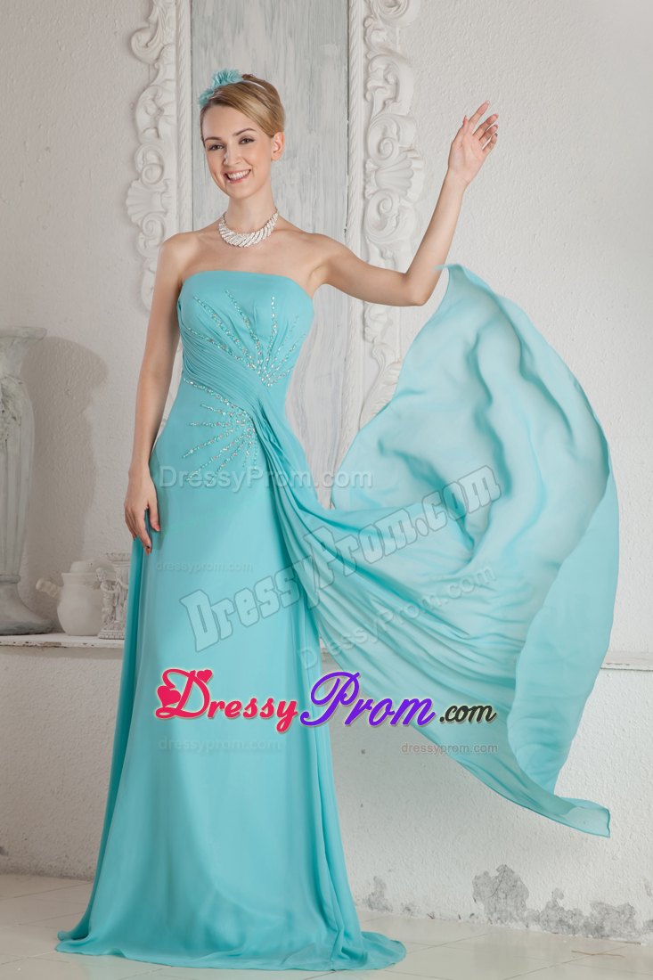 Turquoise Strapless Beading Pleated Prom Dress with Brush Train