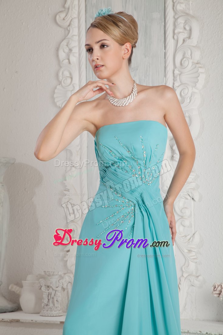 Turquoise Strapless Beading Pleated Prom Dress with Brush Train