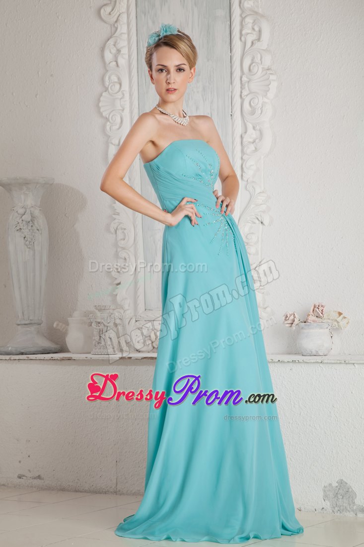 Turquoise Strapless Beading Pleated Prom Dress with Brush Train