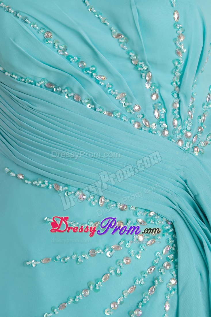 Turquoise Strapless Beading Pleated Prom Dress with Brush Train