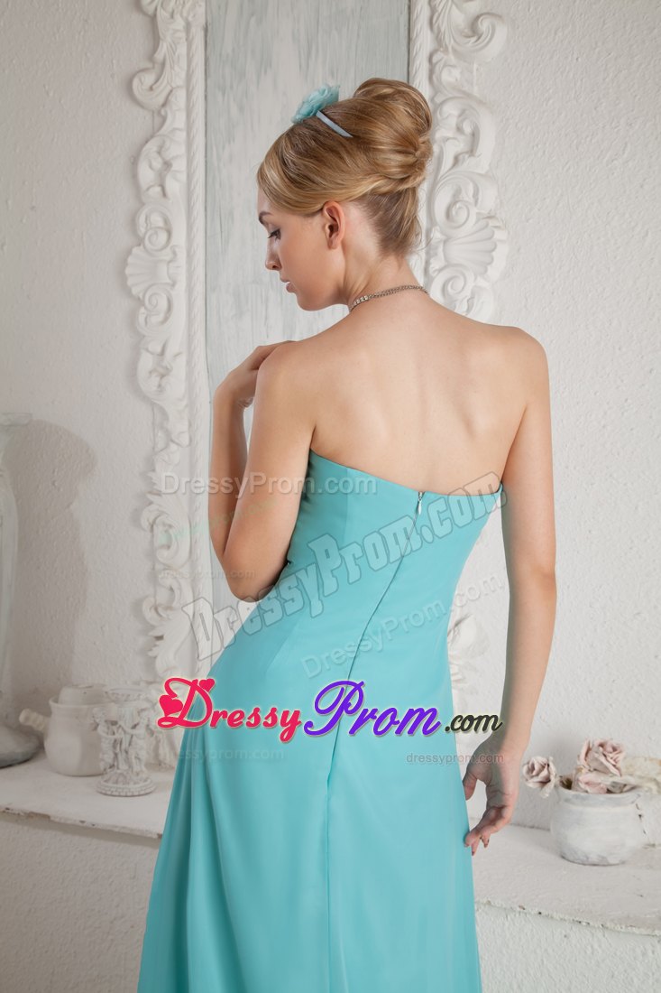 Turquoise Strapless Beading Pleated Prom Dress with Brush Train