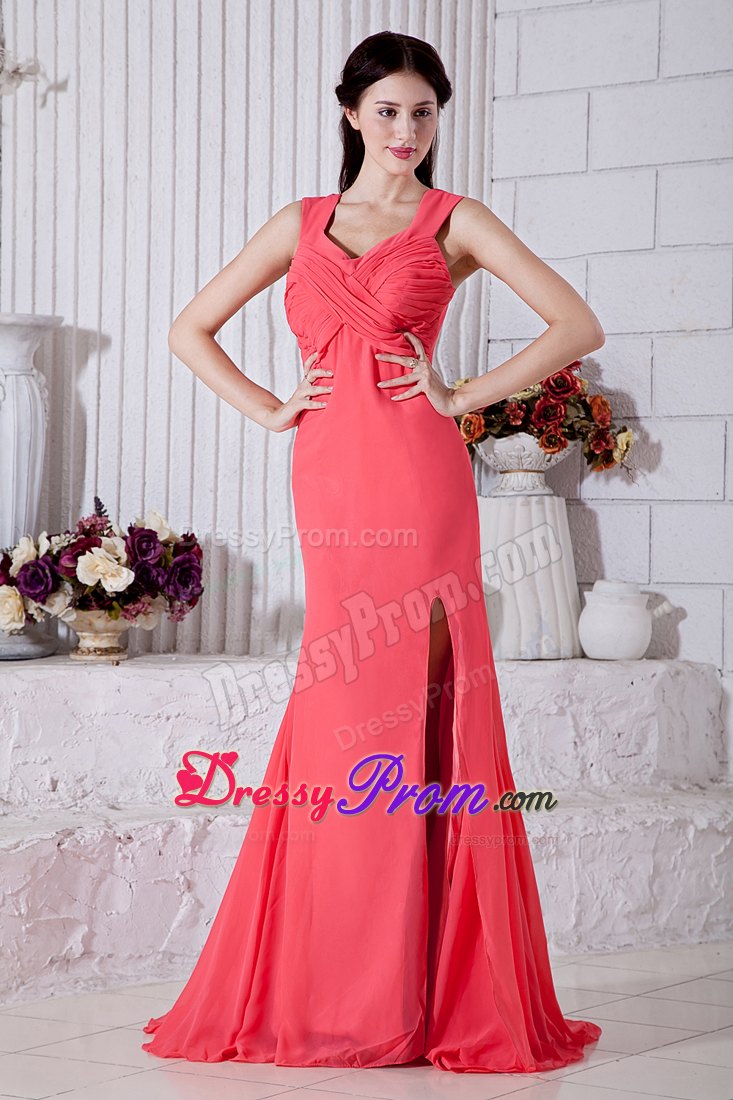 Straps Watermelon Ruching Side Slit Prom Bridesmaid Dress