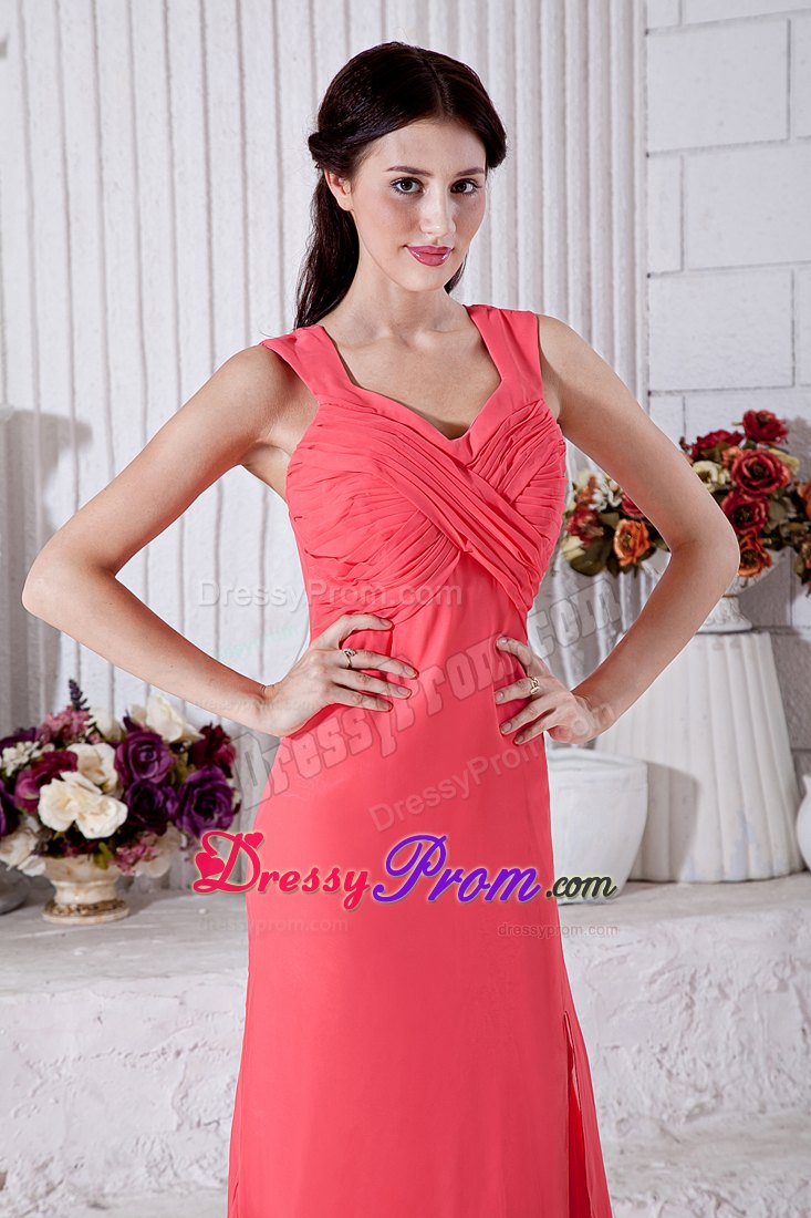 Straps Watermelon Ruching Side Slit Prom Bridesmaid Dress