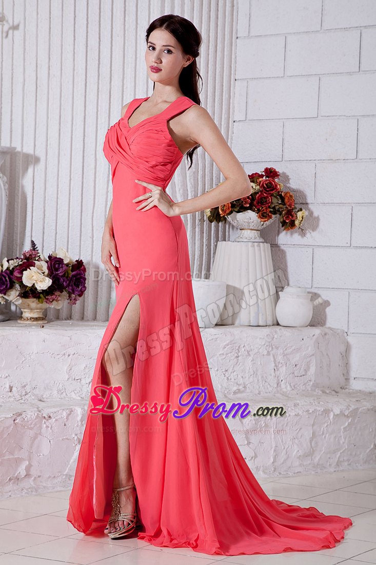 Straps Watermelon Ruching Side Slit Prom Bridesmaid Dress