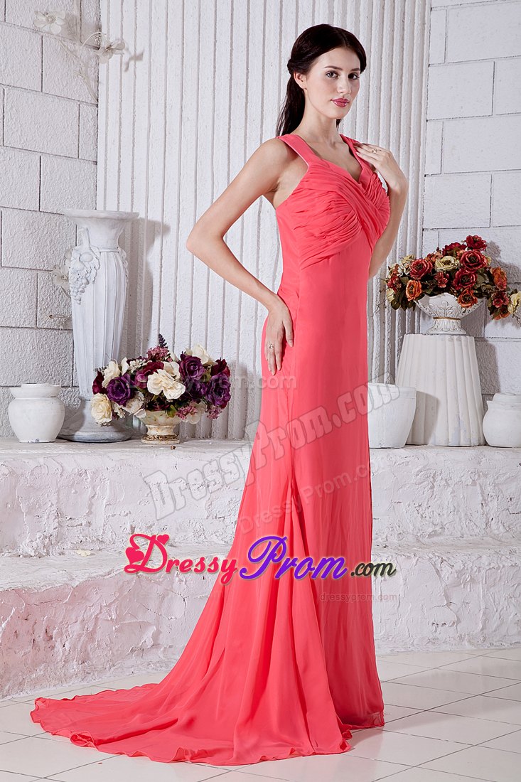 Straps Watermelon Ruching Side Slit Prom Bridesmaid Dress