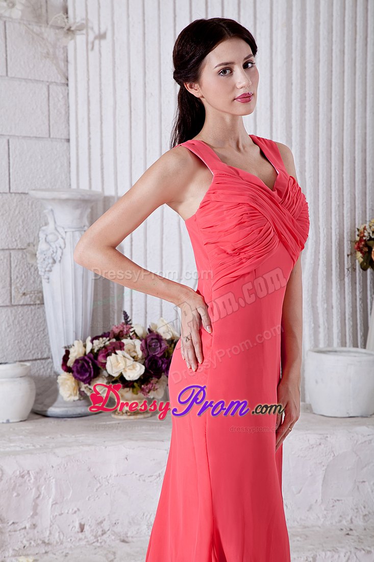 Straps Watermelon Ruching Side Slit Prom Bridesmaid Dress