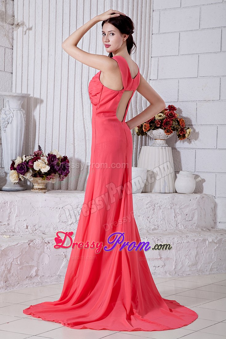 Straps Watermelon Ruching Side Slit Prom Bridesmaid Dress
