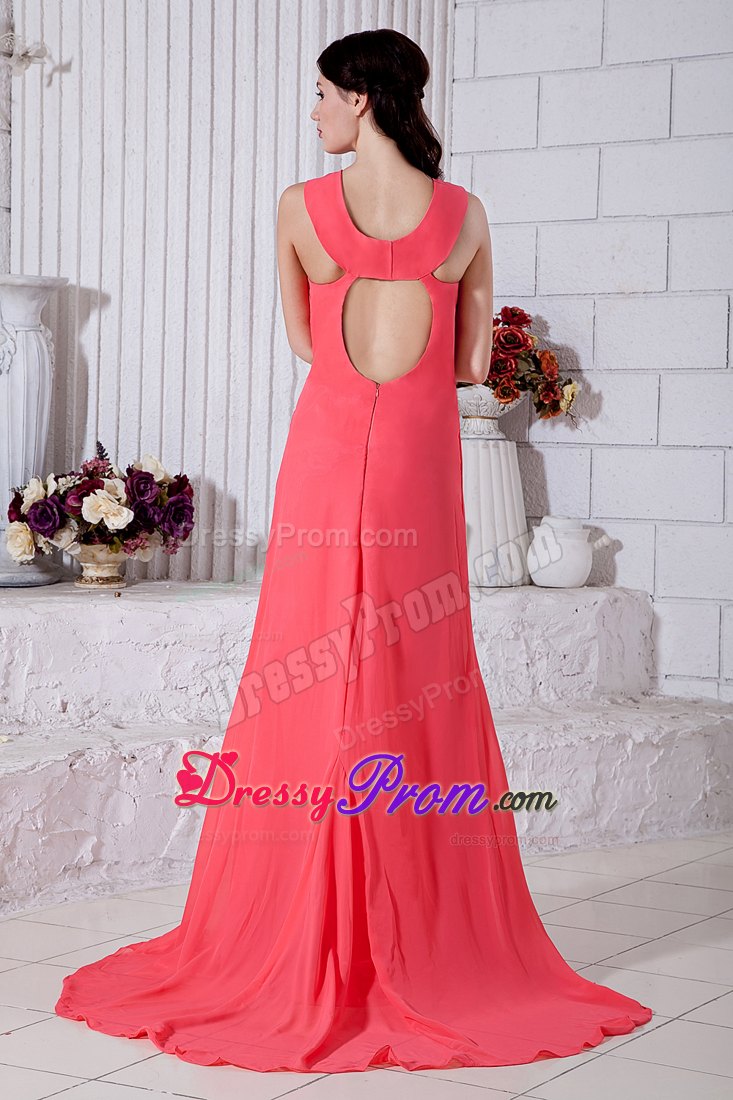 Straps Watermelon Ruching Side Slit Prom Bridesmaid Dress