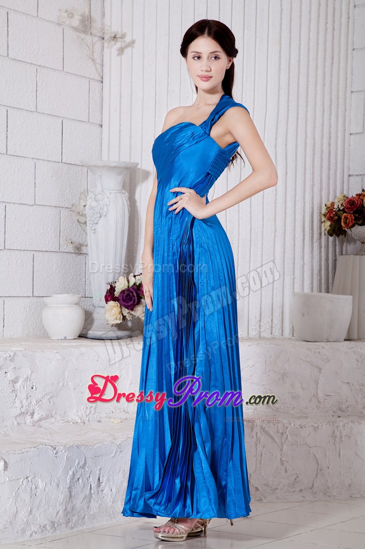 Royal Blue Junior Prom Dress for One Shoulder Pleated Tea-length