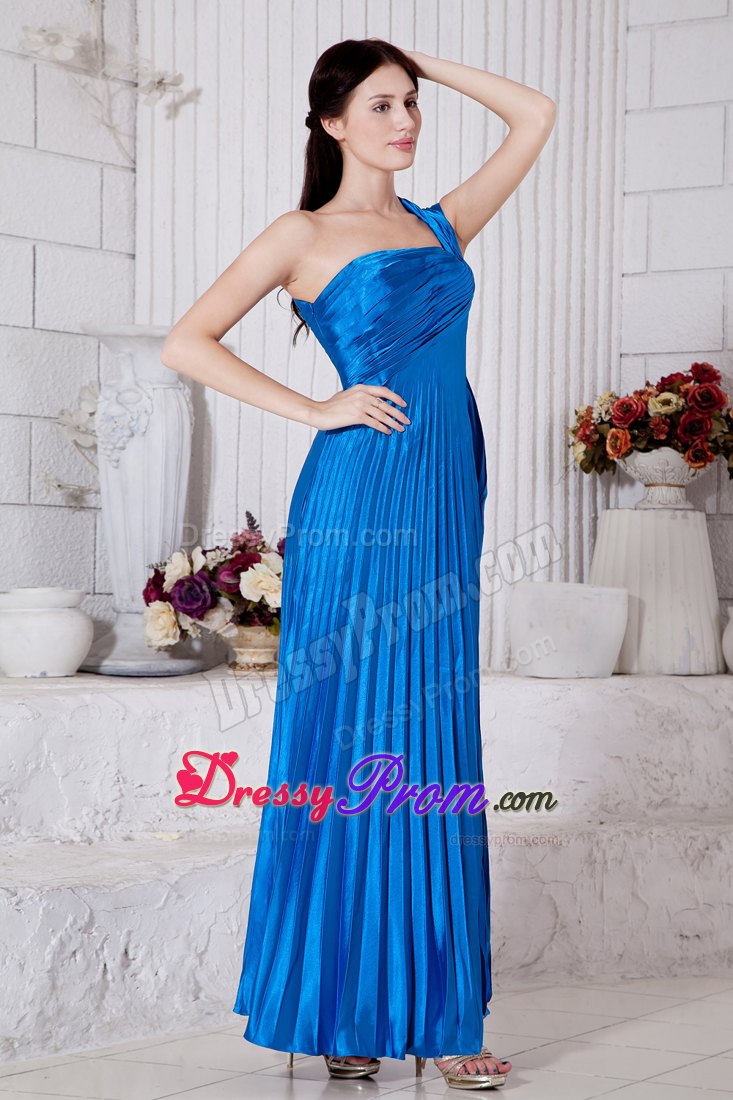 Royal Blue Junior Prom Dress for One Shoulder Pleated Tea-length