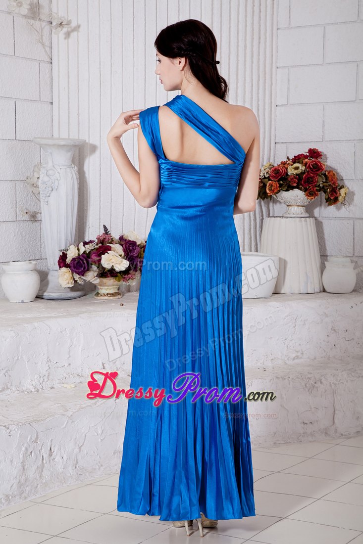 Royal Blue Junior Prom Dress for One Shoulder Pleated Tea-length
