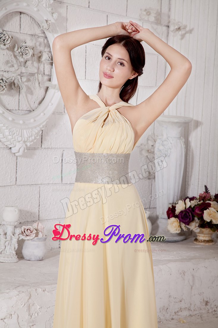 Light Yellow Straps Prom Pageant Dress With Silver Belt