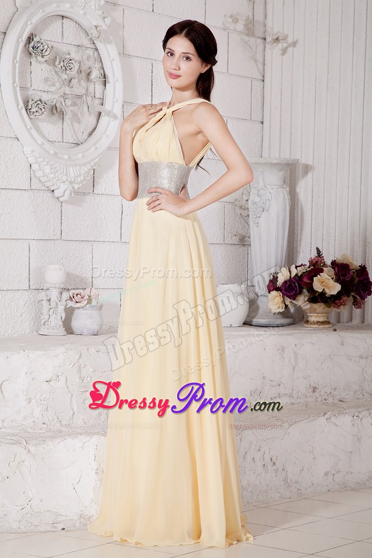 Light Yellow Straps Prom Pageant Dress With Silver Belt