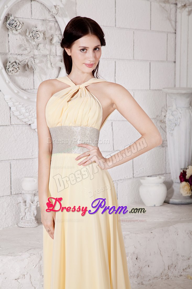 Light Yellow Straps Prom Pageant Dress With Silver Belt