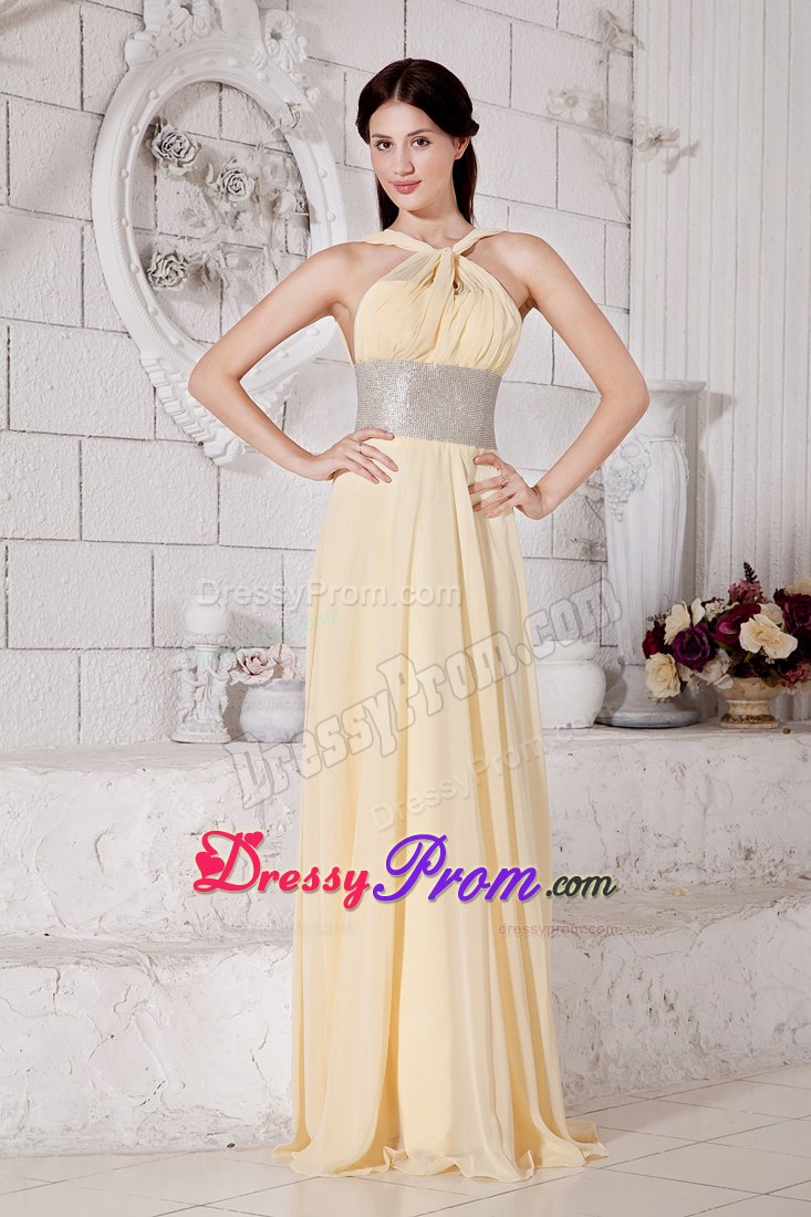 Light Yellow Straps Prom Pageant Dress With Silver Belt