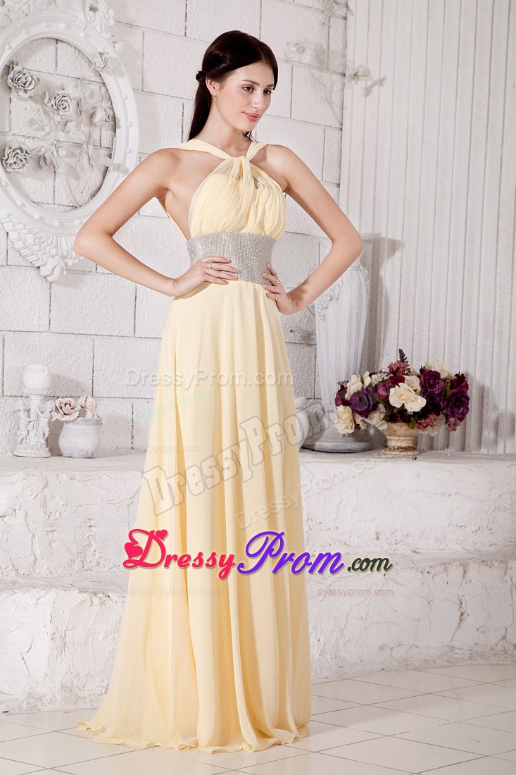 Light Yellow Straps Prom Pageant Dress With Silver Belt