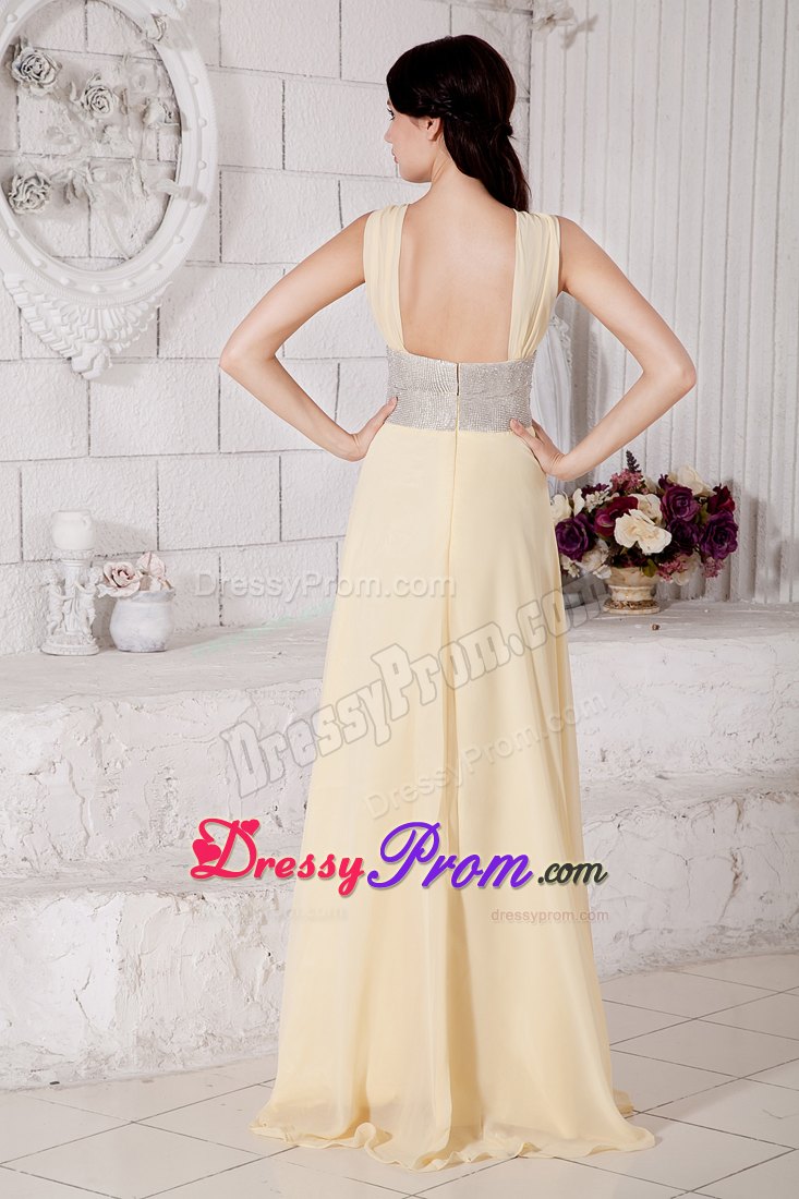 Light Yellow Straps Prom Pageant Dress With Silver Belt