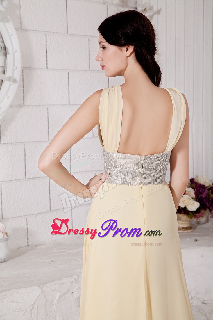 Light Yellow Straps Prom Pageant Dress With Silver Belt