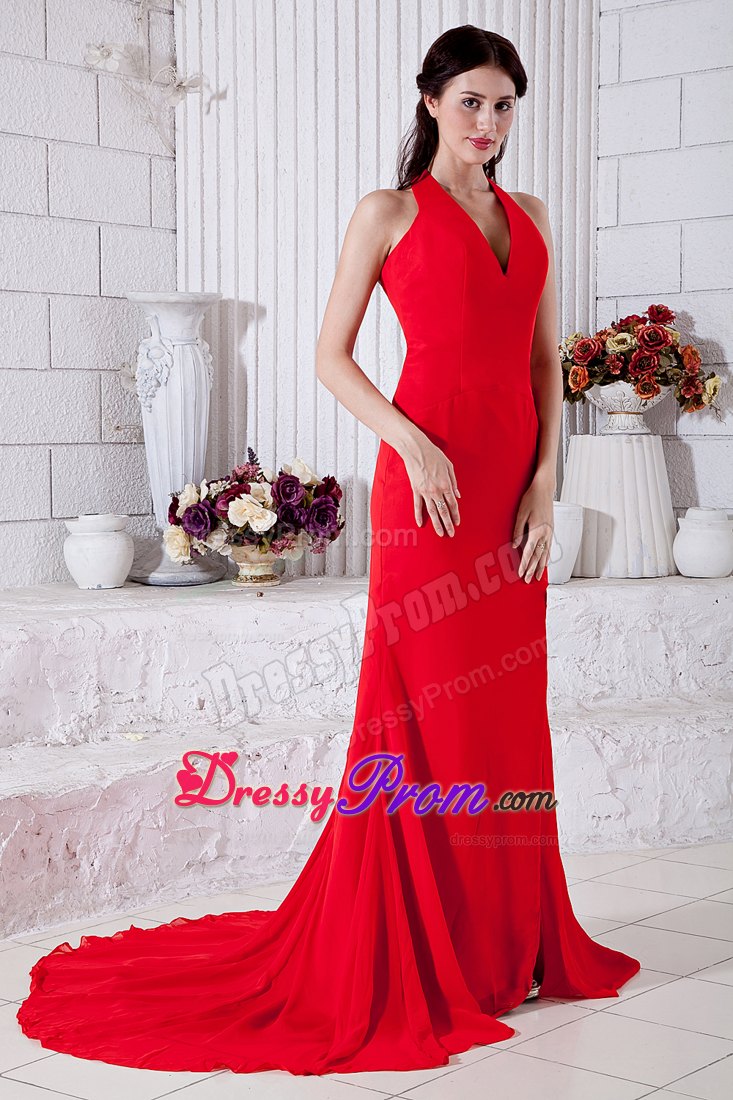 V-neck Red Empire Halter Prom Cocktail Dress with Brush Train