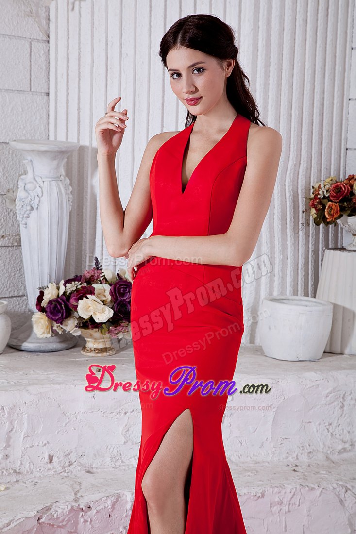 V-neck Red Empire Halter Prom Cocktail Dress with Brush Train