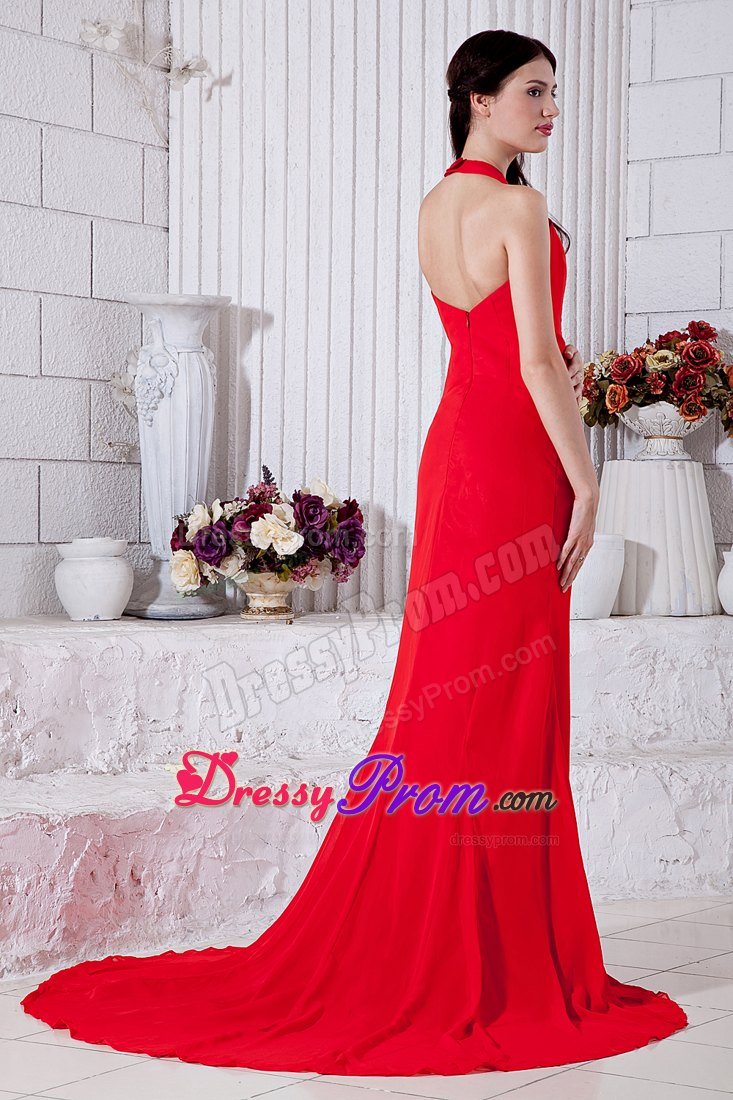 V-neck Red Empire Halter Prom Cocktail Dress with Brush Train
