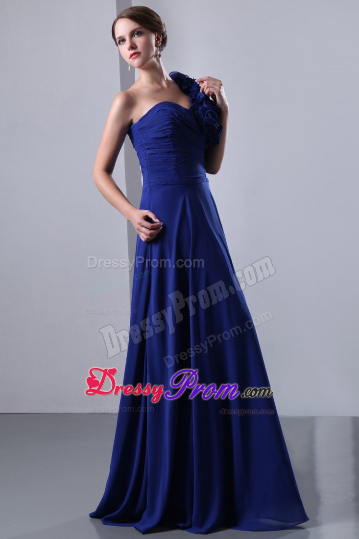 Royal Blue One Shoulder Chiffon Prom Dress Flowers Accent