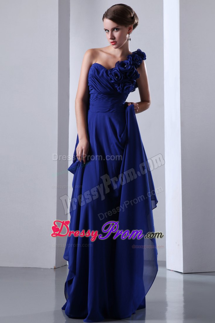 Royal Blue One Shoulder Chiffon Prom Dress Flowers Accent