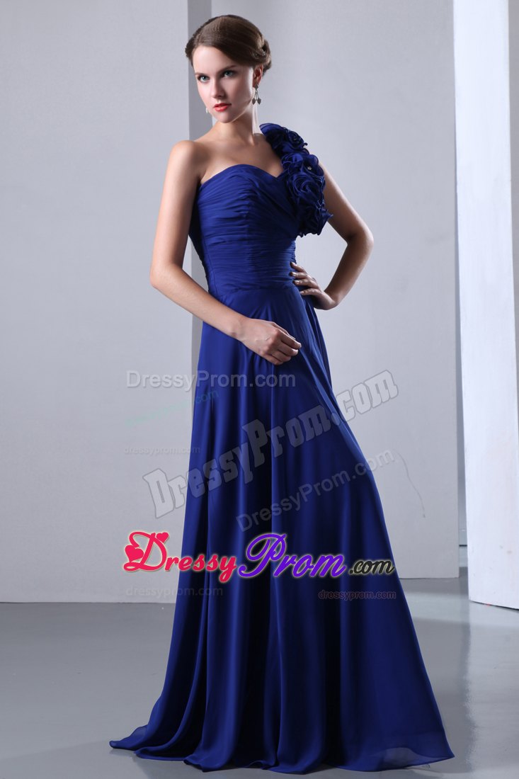 Royal Blue One Shoulder Chiffon Prom Dress Flowers Accent