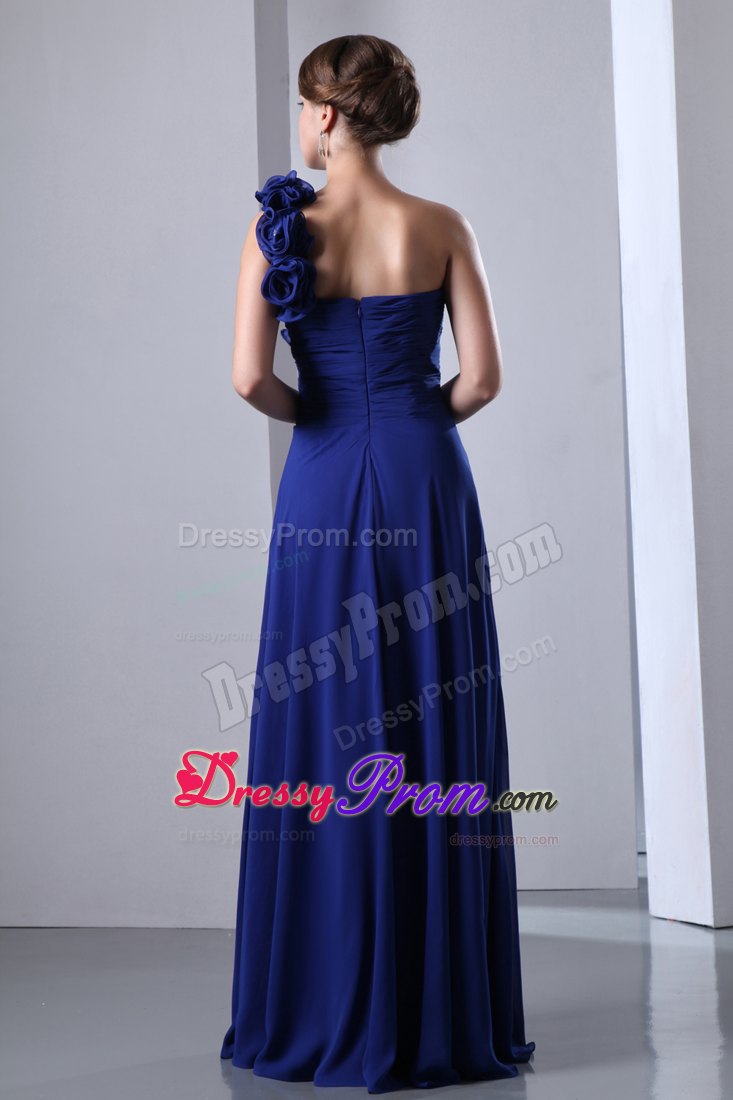 Royal Blue One Shoulder Chiffon Prom Dress Flowers Accent