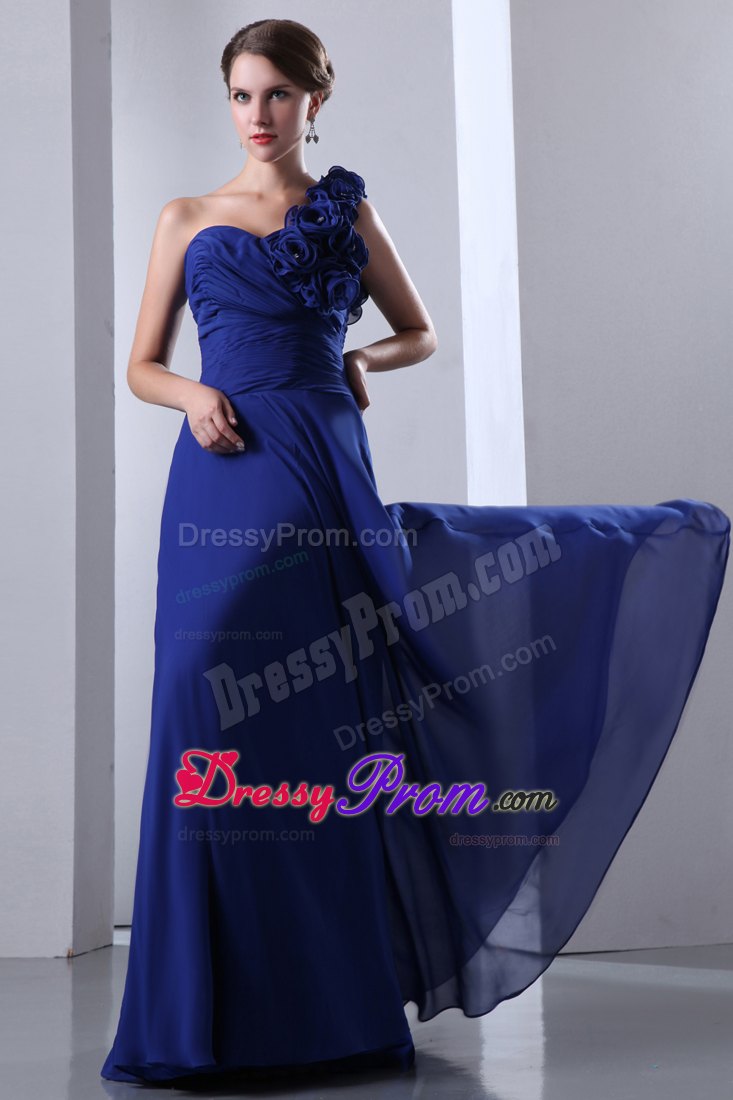 Royal Blue One Shoulder Chiffon Prom Dress Flowers Accent