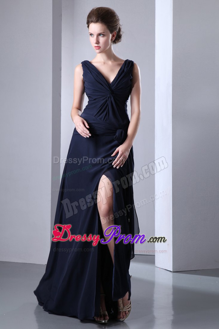 Navy Blue Empire V-neck Pleats Prom Dress Chiffon Style