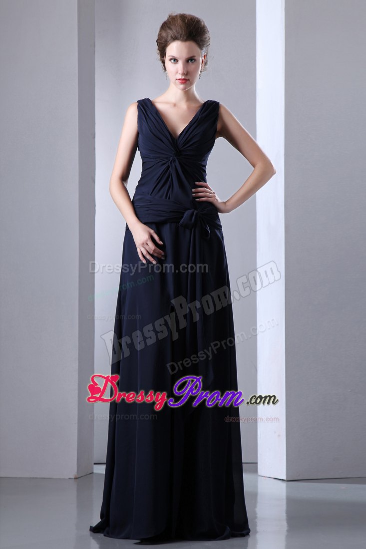 Navy Blue Empire V-neck Pleats Prom Dress Chiffon Style