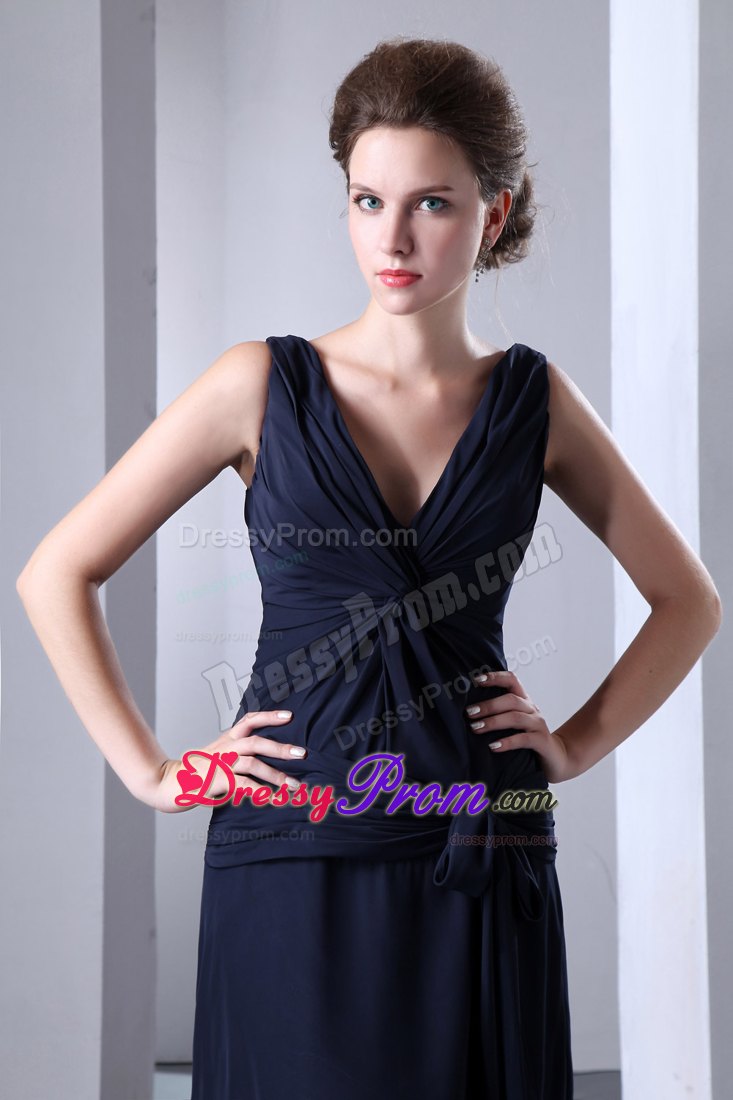 Navy Blue Empire V-neck Pleats Prom Dress Chiffon Style