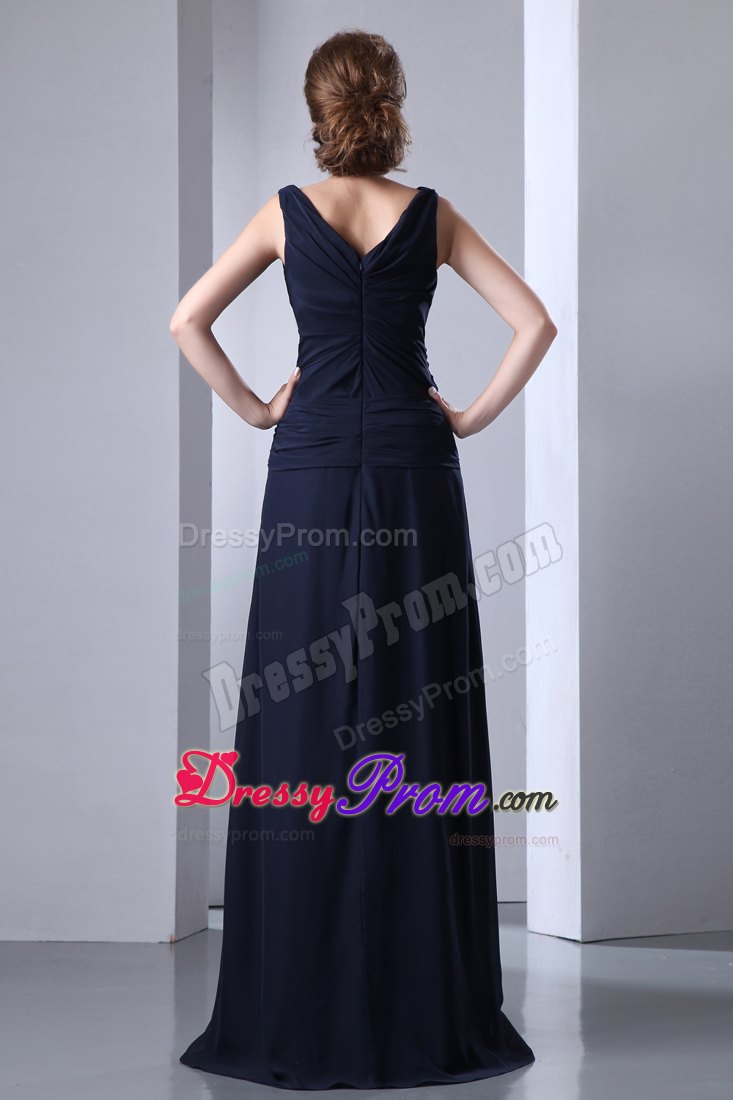Navy Blue Empire V-neck Pleats Prom Dress Chiffon Style