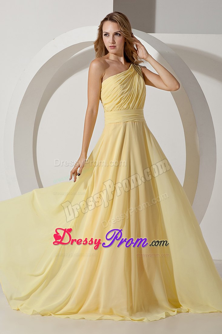 Light Yellow Empire One Shoulder Beaded for Prom Dress