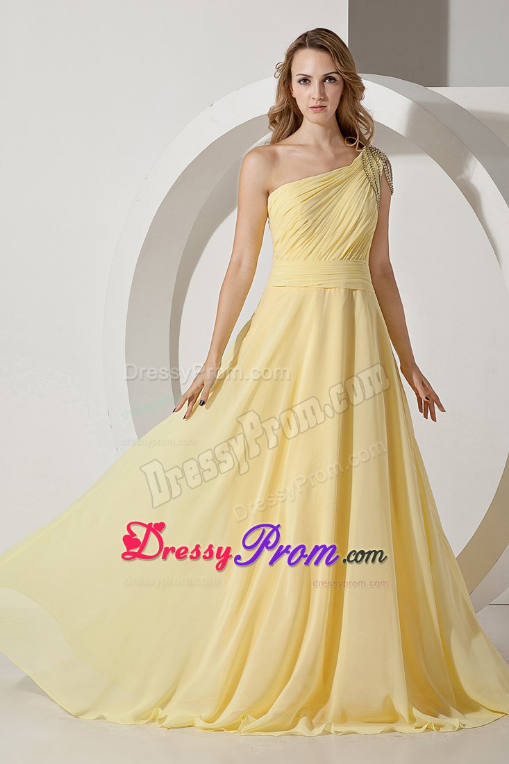 Light Yellow Empire One Shoulder Beaded for Prom Dress