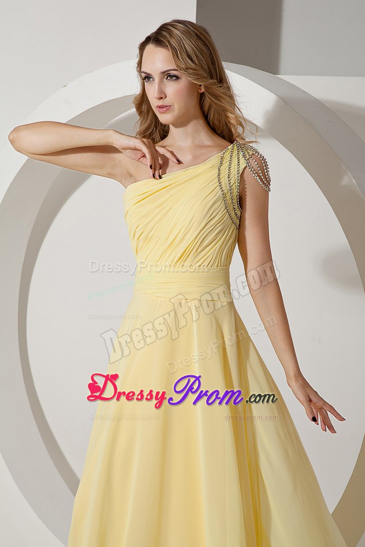Light Yellow Empire One Shoulder Beaded for Prom Dress