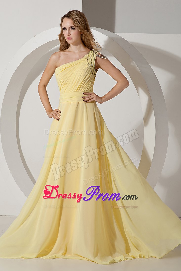 Light Yellow Empire One Shoulder Beaded for Prom Dress