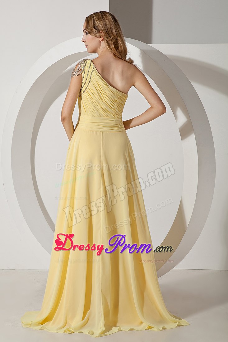 Light Yellow Empire One Shoulder Beaded for Prom Dress