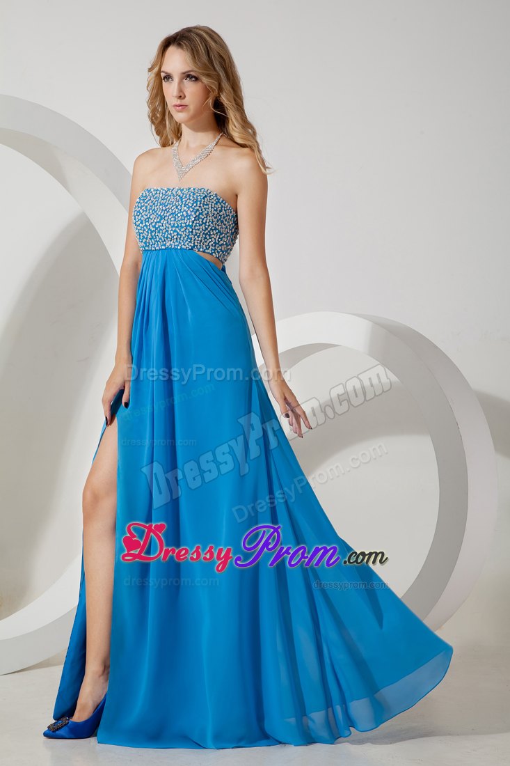 Sky Blue Sequins Prom Dress Empire Style with Back Cut