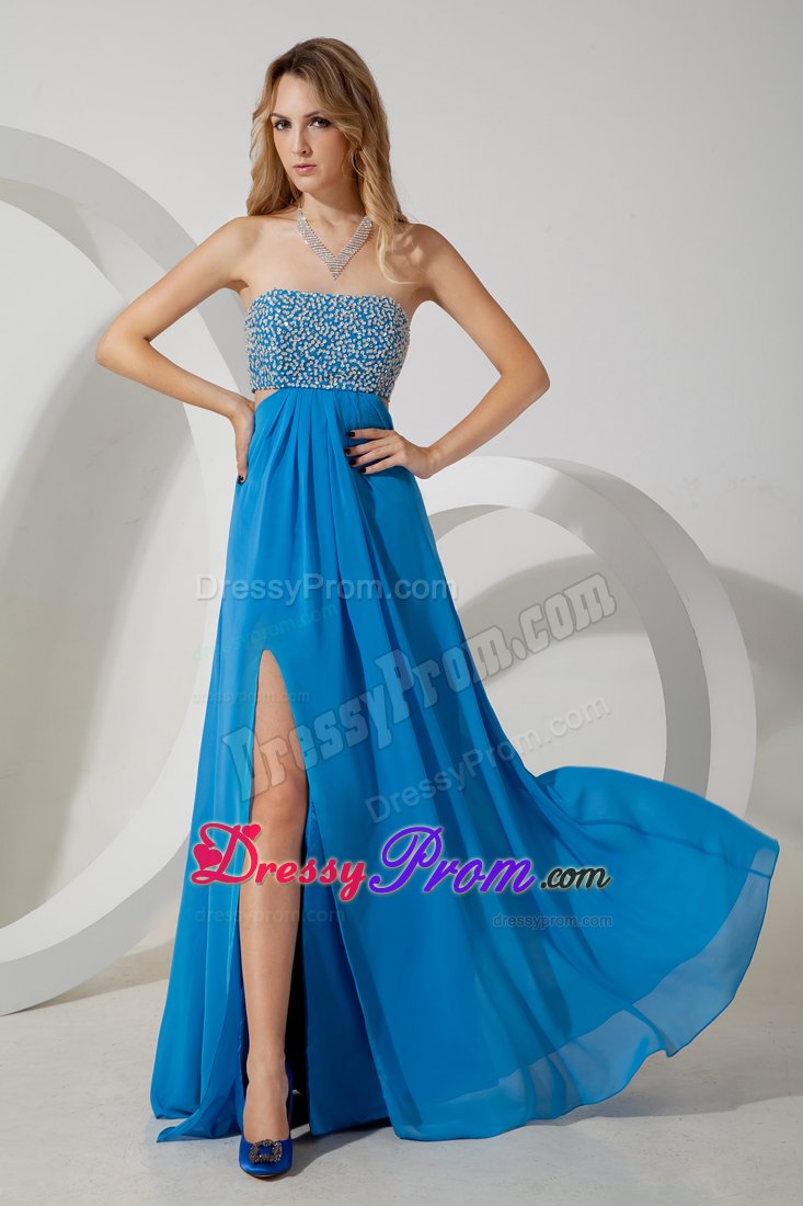 Sky Blue Sequins Prom Dress Empire Style with Back Cut