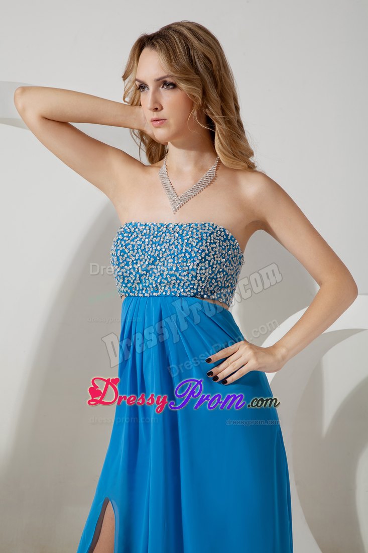 Sky Blue Sequins Prom Dress Empire Style with Back Cut