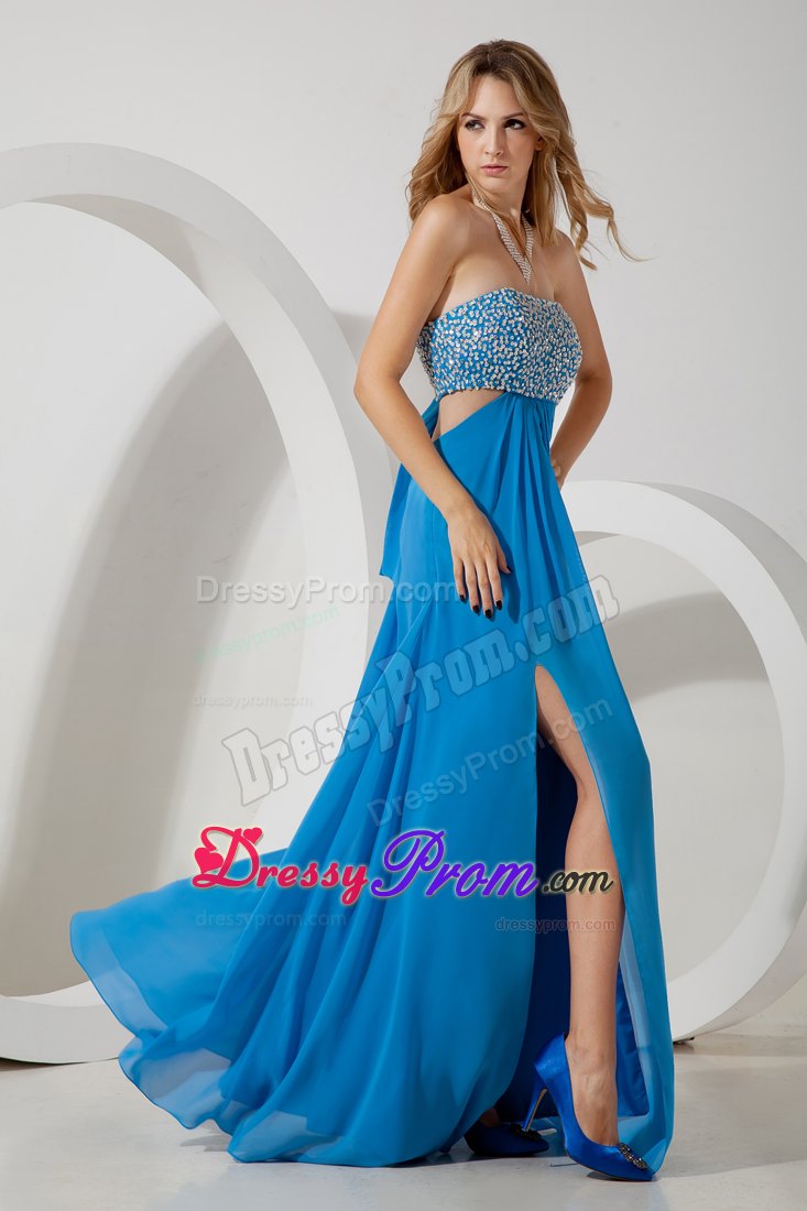 Sky Blue Sequins Prom Dress Empire Style with Back Cut