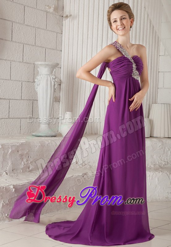 Purple One Shoulder Watteau Beading Prom Dress for Formal