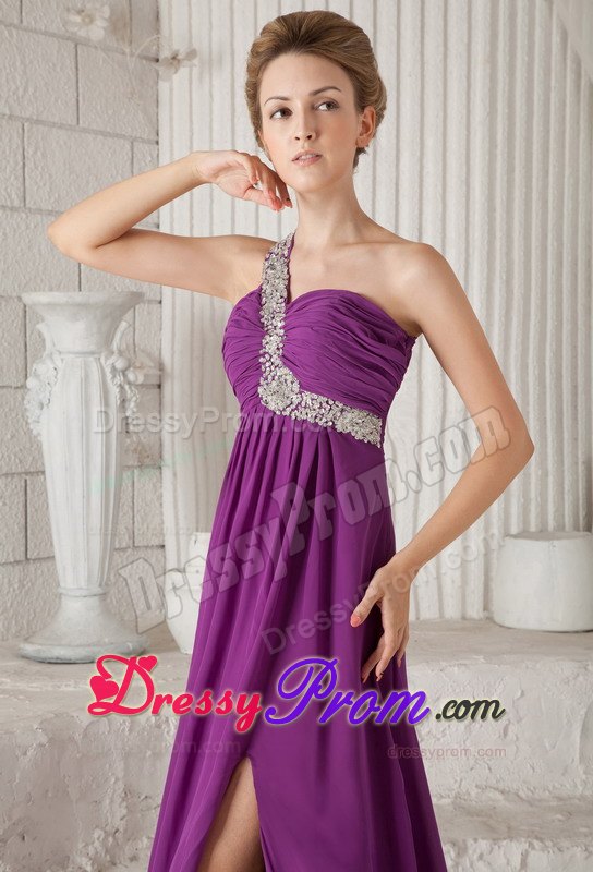 Purple One Shoulder Watteau Beading Prom Dress for Formal