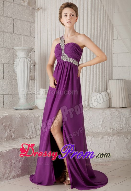 Purple One Shoulder Watteau Beading Prom Dress for Formal