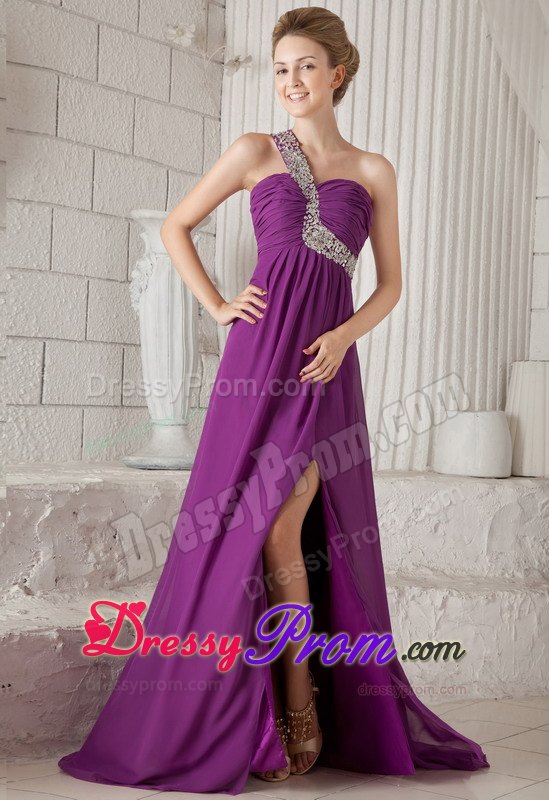 Purple One Shoulder Watteau Beading Prom Dress for Formal
