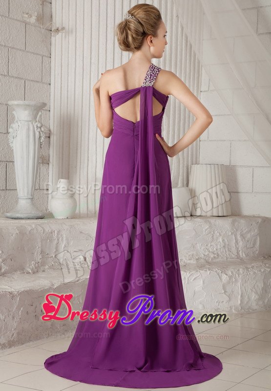 Purple One Shoulder Watteau Beading Prom Dress for Formal