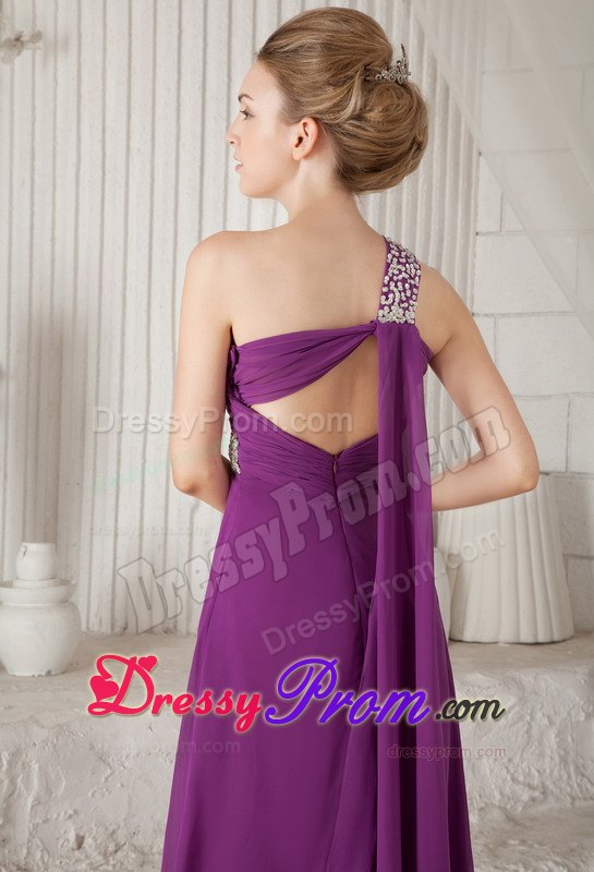 Purple One Shoulder Watteau Beading Prom Dress for Formal